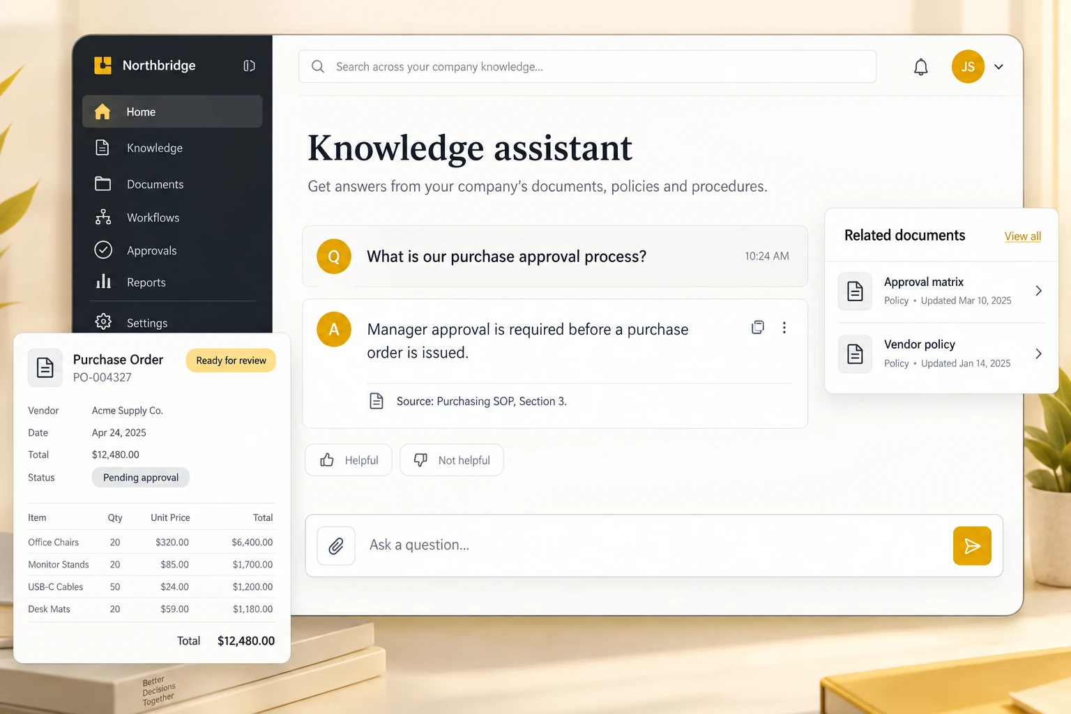 Illustrative knowledge assistant answering a purchasing question with a source document