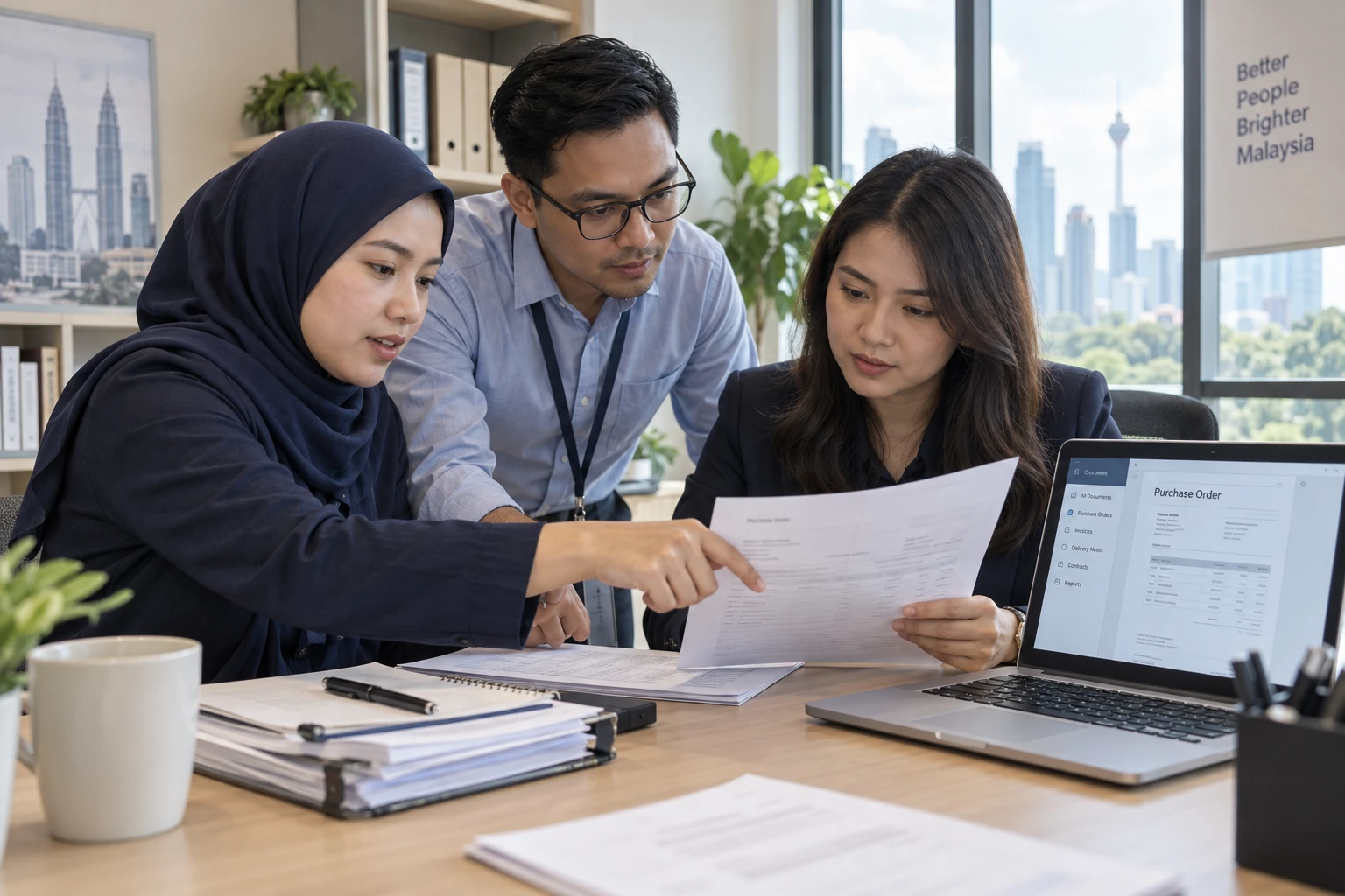 Colleagues comparing a printed purchase order with information on a laptop