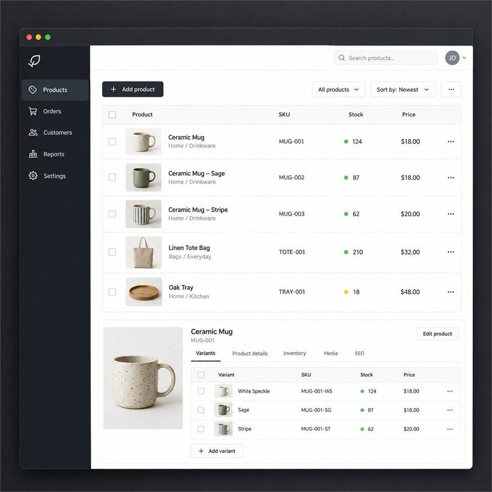 Illustrative product catalogue with variants and stock records
