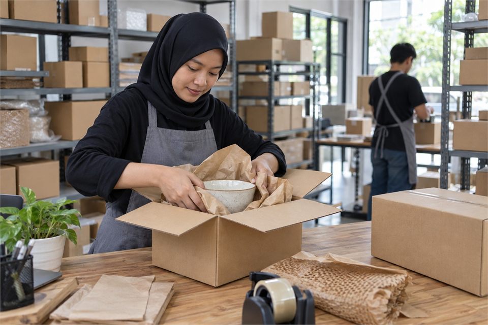 Illustrative warehouse worker packing a customer order