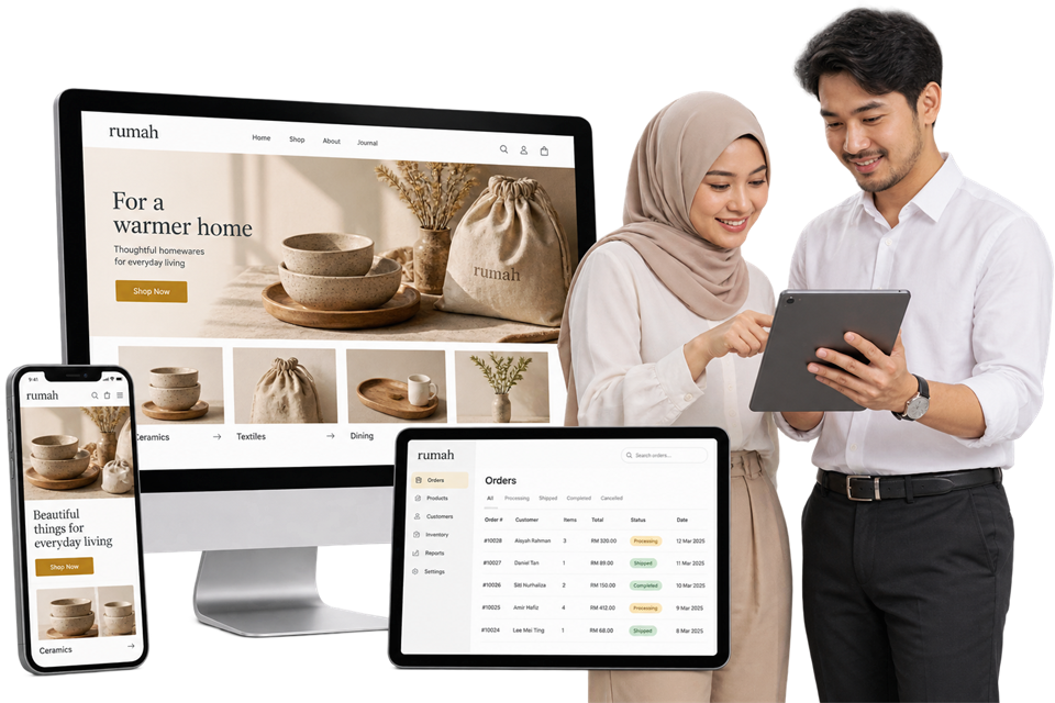 Illustrative homewares storefront and order dashboard across desktop, tablet and mobile