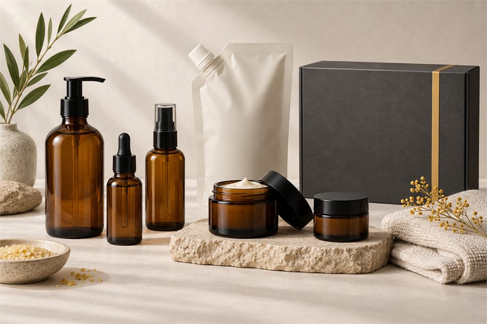 Skincare bottles, cream jars and refill packaging