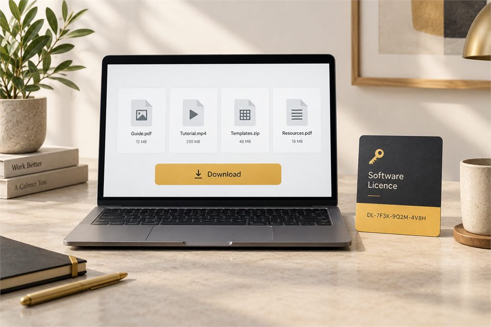 Digital download library on a laptop with a software licence card