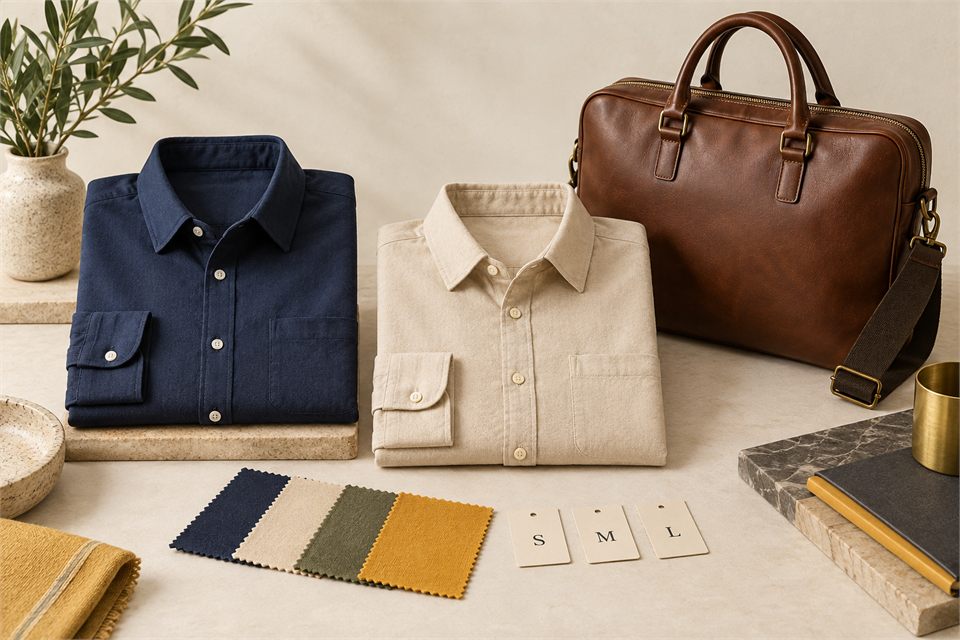 Clothing, leather bag and fabric swatches illustrating size and colour variants
