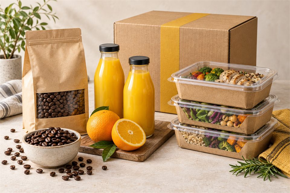 Coffee, bottled drinks and packaged meals ready for delivery