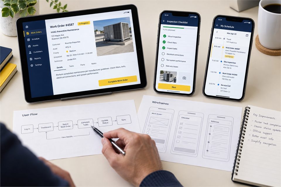 Business mobile app screens and wireframes being reviewed
