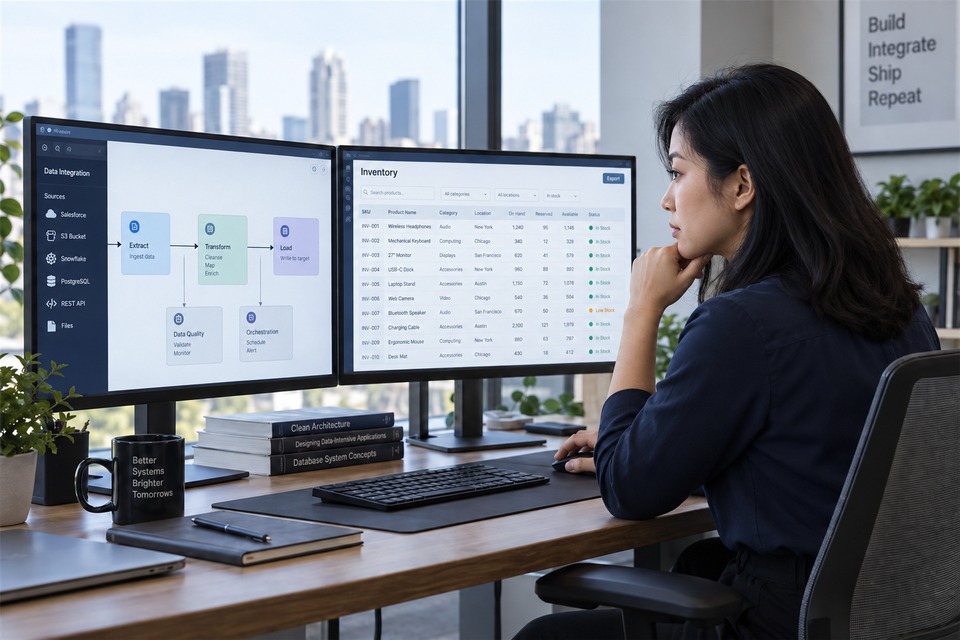 Illustrative engineer reviewing system integration and inventory data