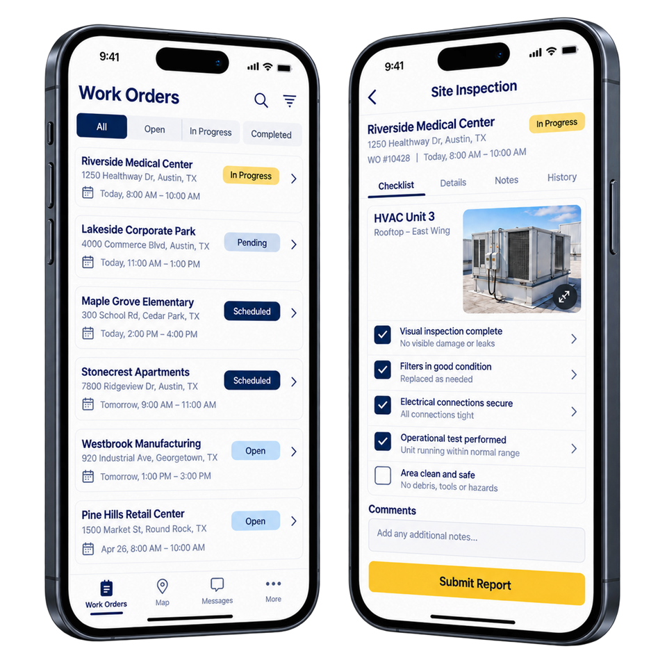 Illustrative field-service app showing work orders and a site inspection checklist