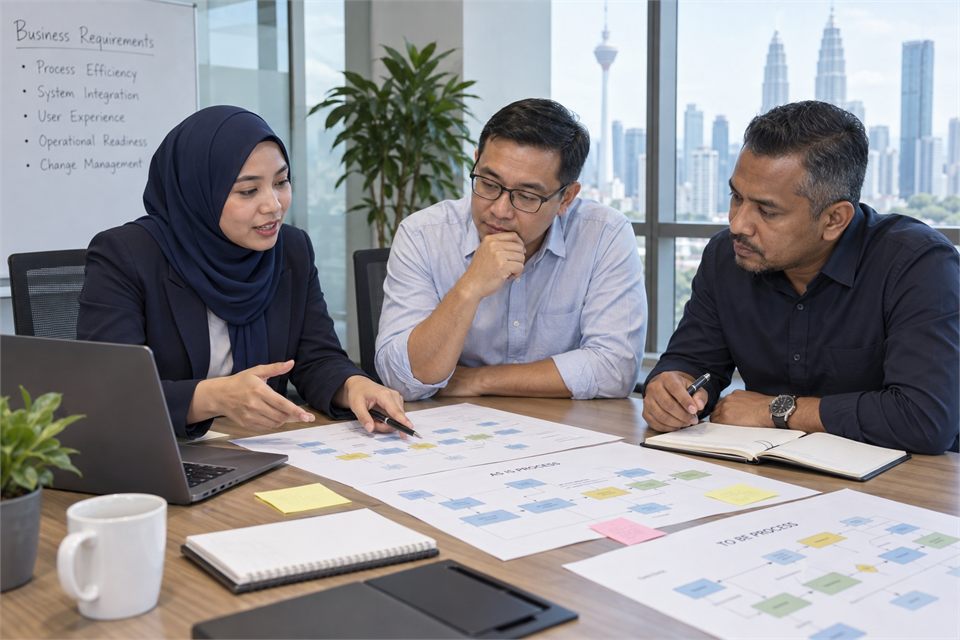 Illustrative requirements workshop with business analysts reviewing process maps