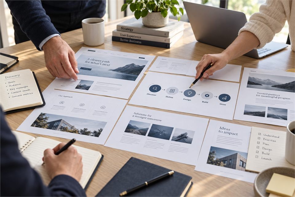 Website layouts and process diagrams prepared for a planning workshop