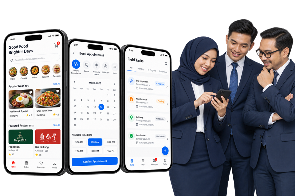 Illustrative ordering, booking and workforce apps alongside professionals reviewing a mobile product