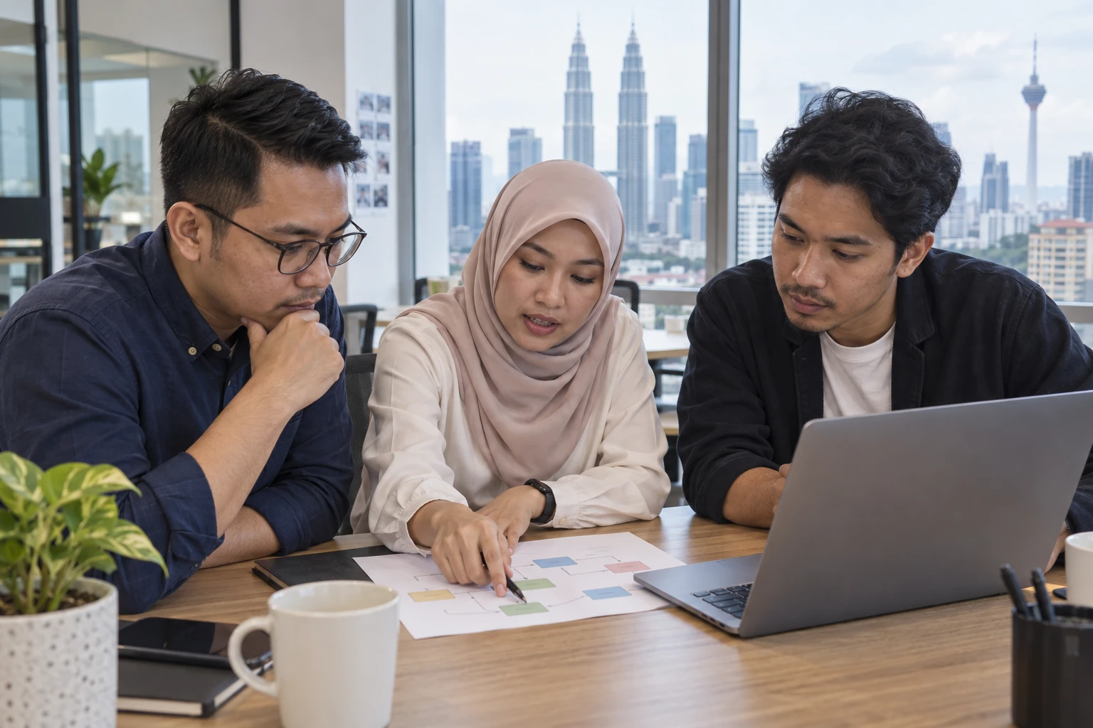Product professionals reviewing a business workflow together in an office