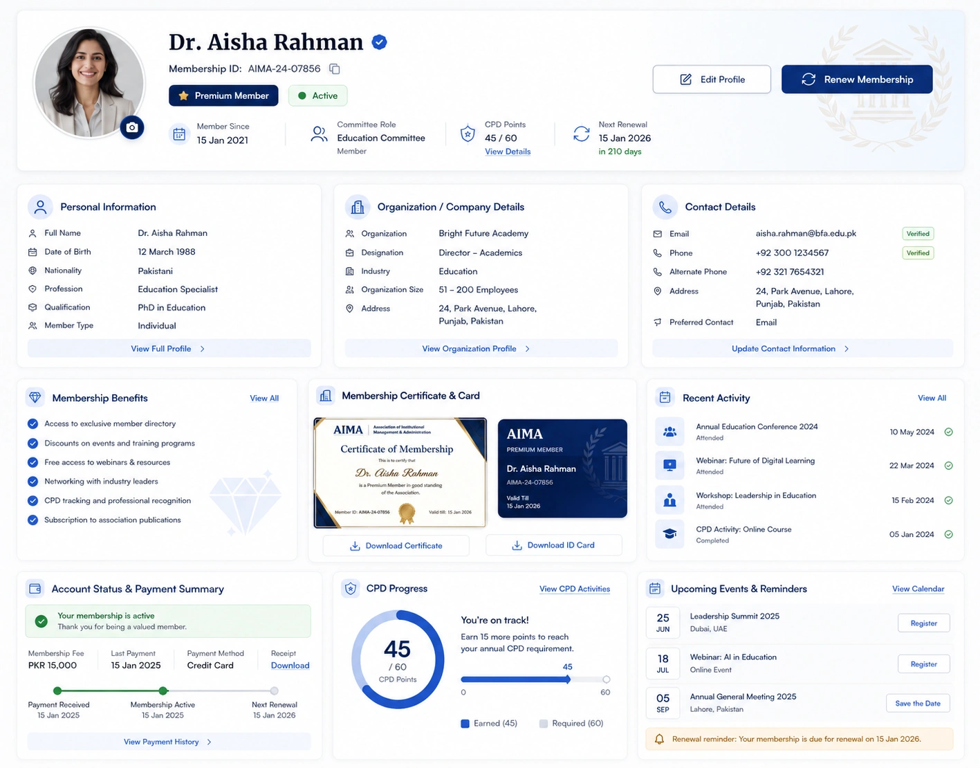 Association homepage with hero, latest publications and a member login, built by UNO