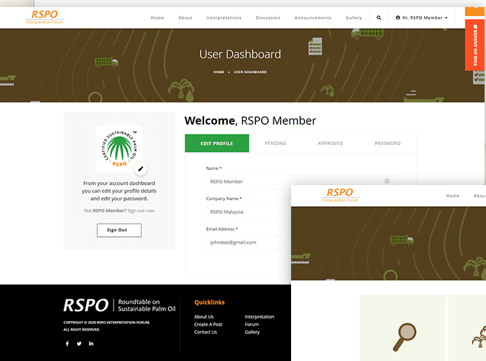 Member dashboard showing profile details and account settings