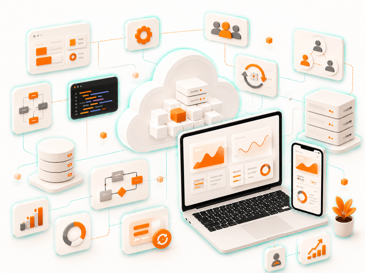 SaaS platform development showing multi-tenant dashboard across desktop and mobile