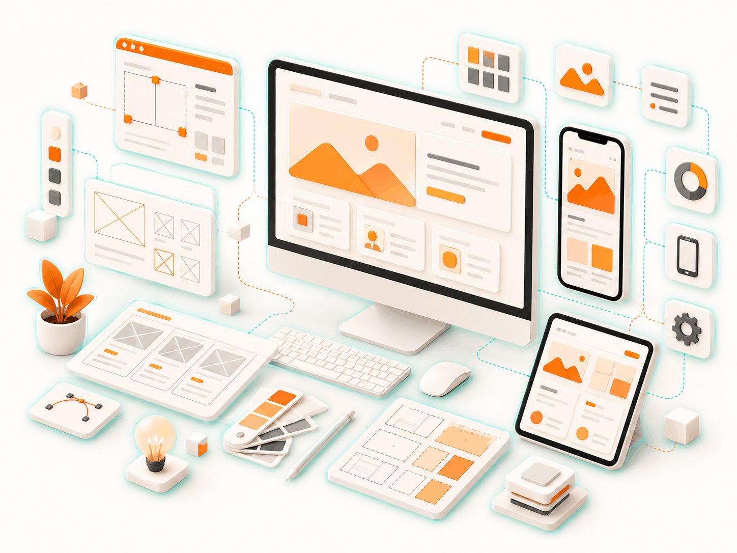 Custom website design examples across desktop, tablet, and mobile devices.