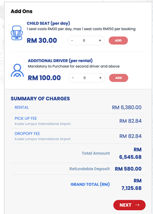 Add-ons and summary of charges showing rental, fees, refundable deposit and grand total