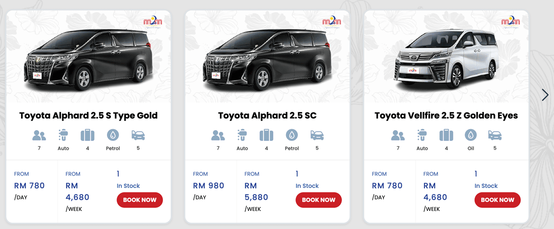 Bookable inventory showing daily and weekly rates with live stock counts and a book now button