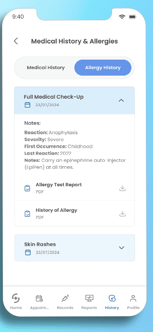 Allergy history showing reaction, severity, first and last occurrence and clinical notes