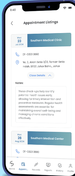 Appointment listing screen showing clinic, date, contact and notes