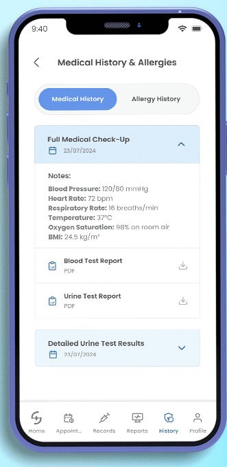 Medical history screen showing check-up notes, vitals and downloadable test reports