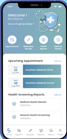 Patient app home screen with upcoming appointments and health screening reports, from a portal built by UNO