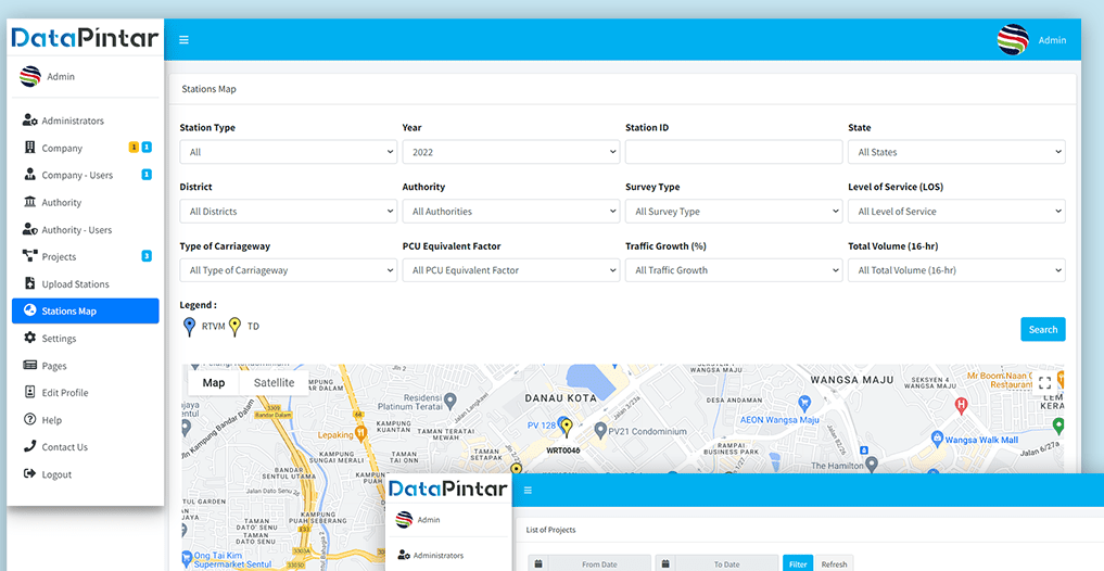 Filtered search view across records by type, status, state and authority