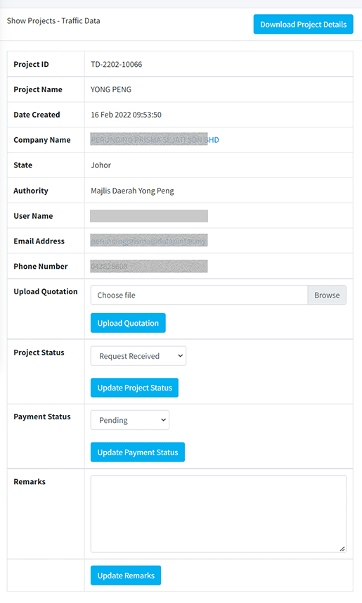 Record detail showing account, authority, quotation upload, status, payment status and remarks