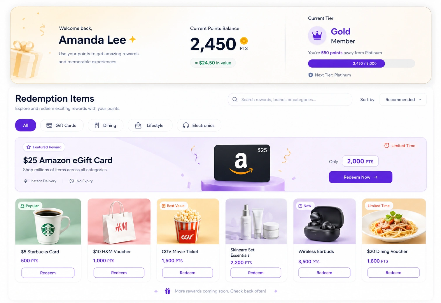 Rewards and giveaway offers presented to members