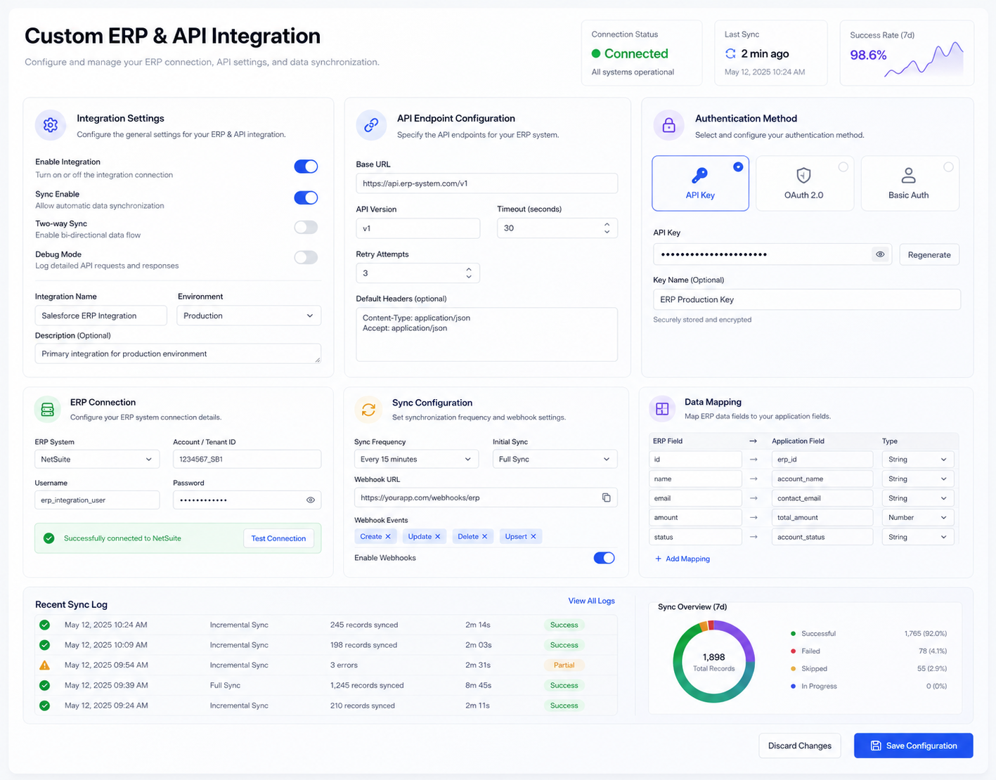 Illustrative ERP integration dashboard with data mapping and sync status