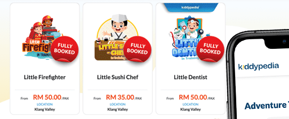 Event listing showing sessions with prices and fully booked labels