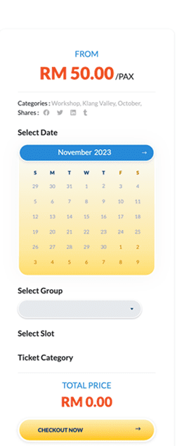 Ticket selection panel with date picker, group, slot, ticket category and total price