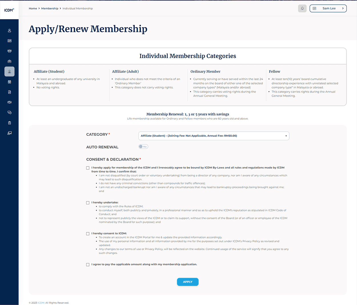 Membership application and renewal screen from a member portal built by UNO