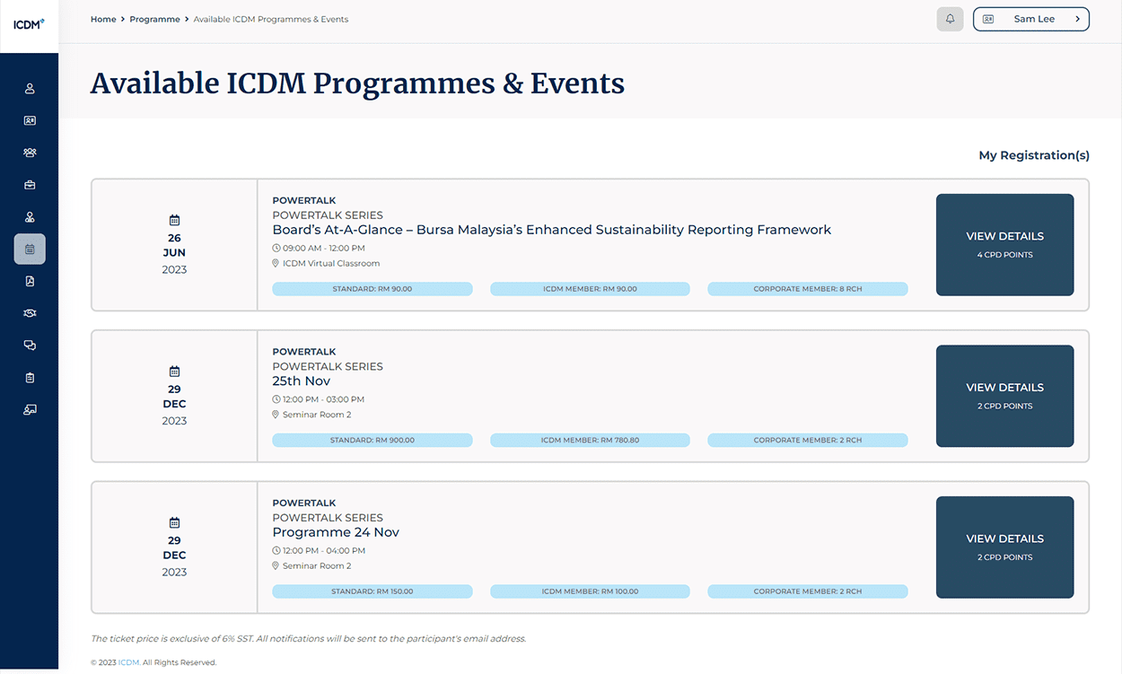 Programmes and events listing showing member and non-member pricing