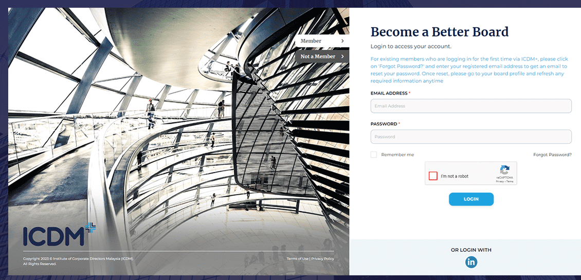 Member portal login screen with separate entry points for members and non-members
