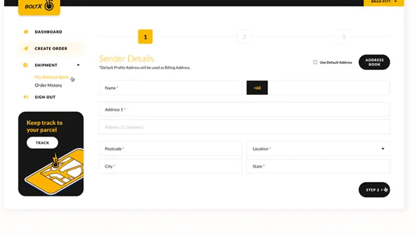 Job creation form capturing sender and address details as the first step of a dispatch wizard