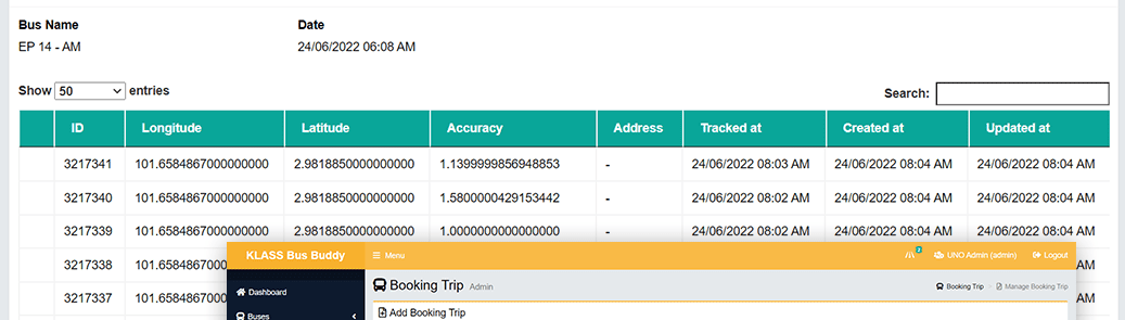 Trip log listing every recorded position with coordinates, accuracy and timestamps