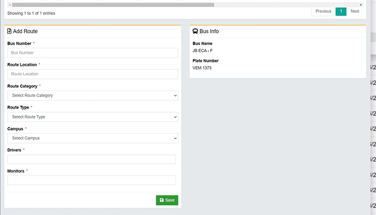 Route setup form with bus number, route location, category, campus and vehicle details