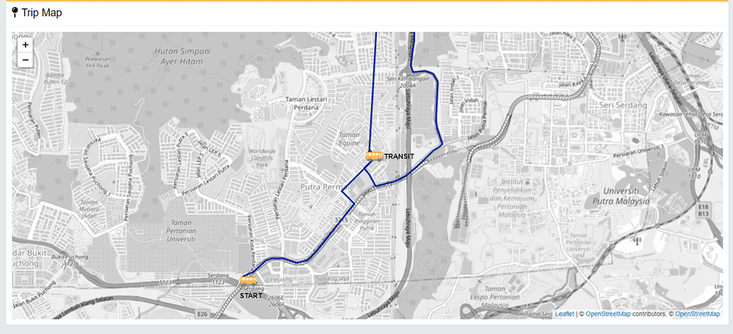 Live trip map with the traced route between start and transit points, from a tracking system built by UNO