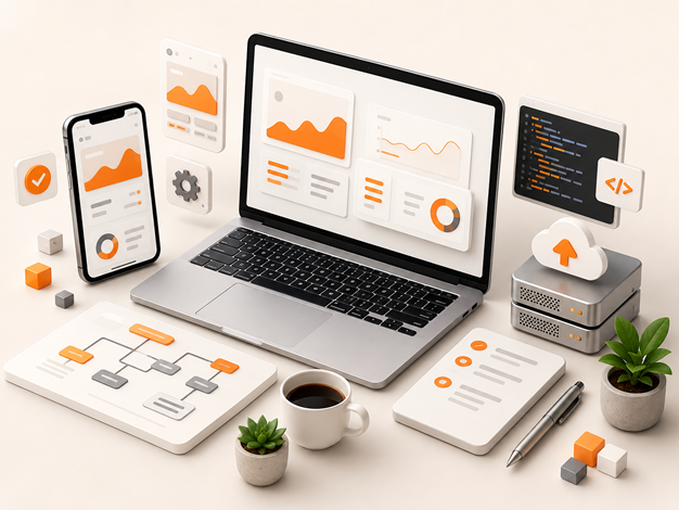Custom web app development dashboard across desktop tablet and mobile devices