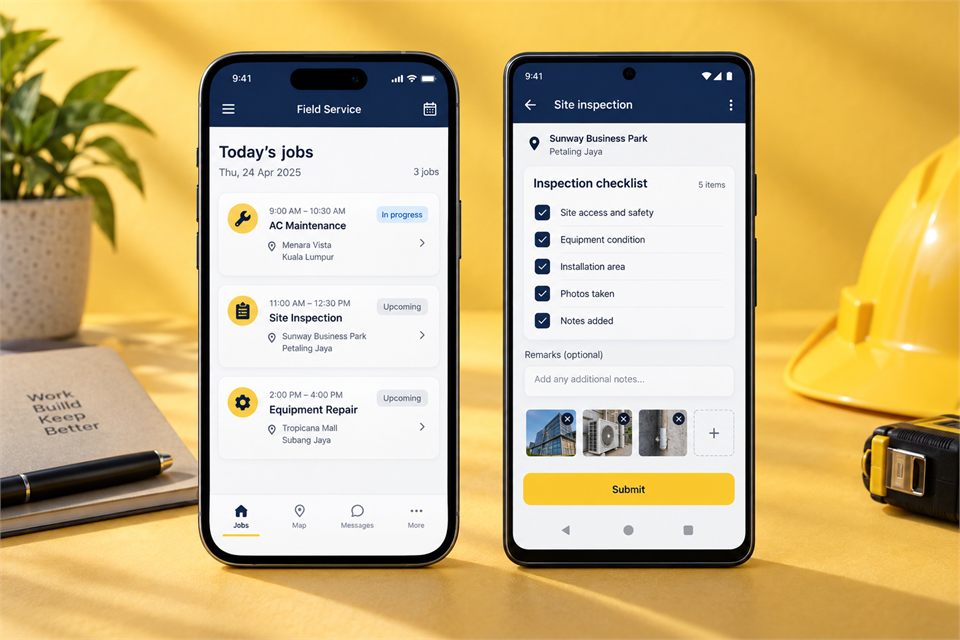 Illustrative shared field-service app on iOS and Android phones
