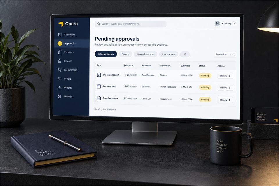 Illustrative business application for departmental requests and approvals