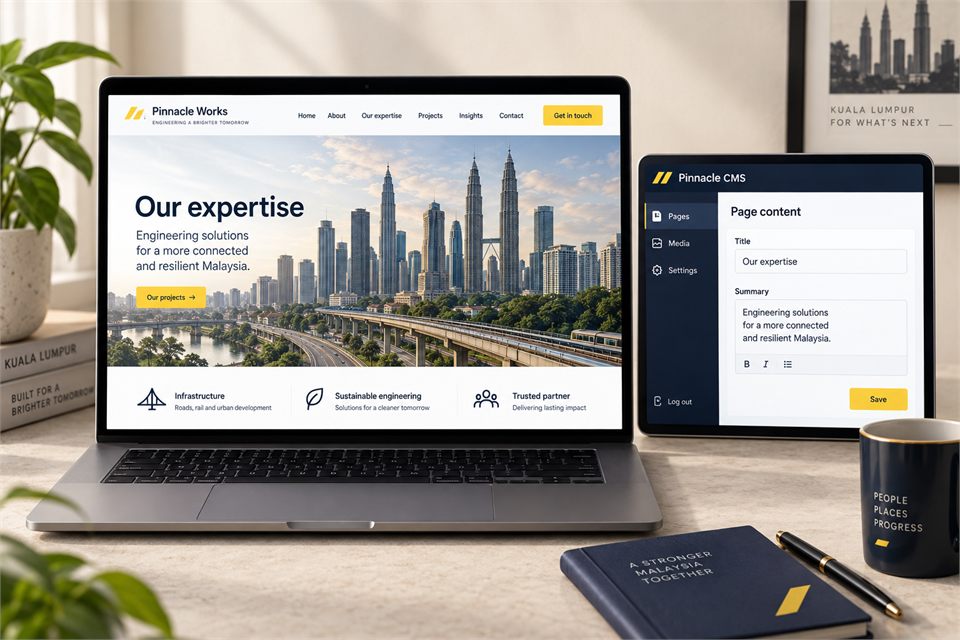 Illustrative corporate website and its content editing interface
