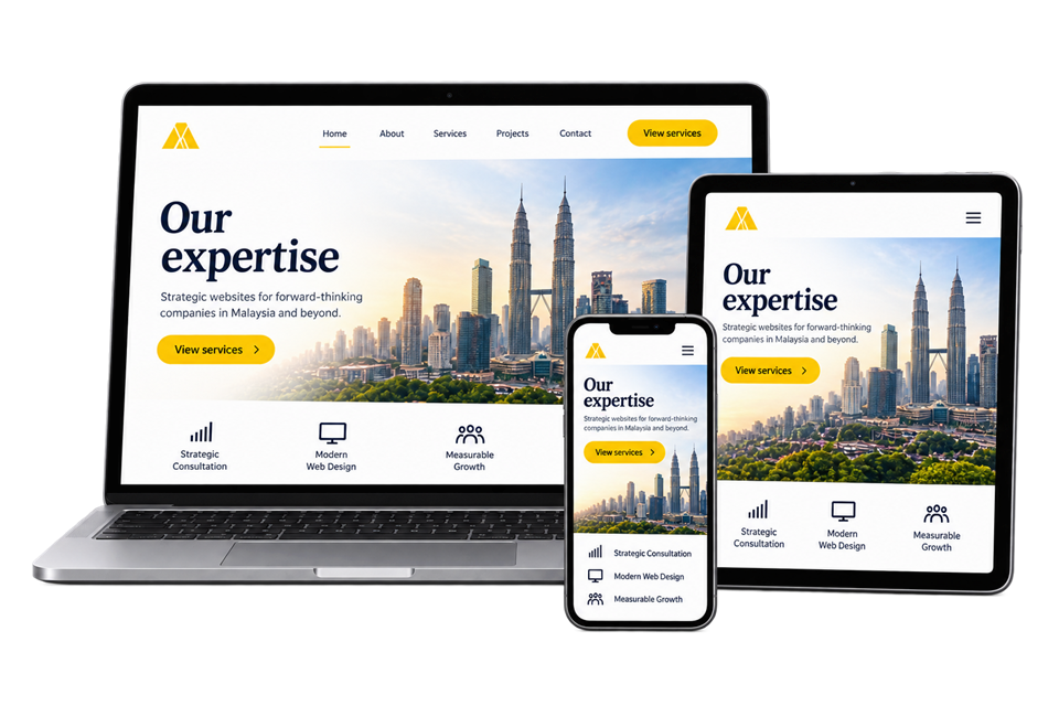 Corporate website layouts on a laptop, tablet and smartphone