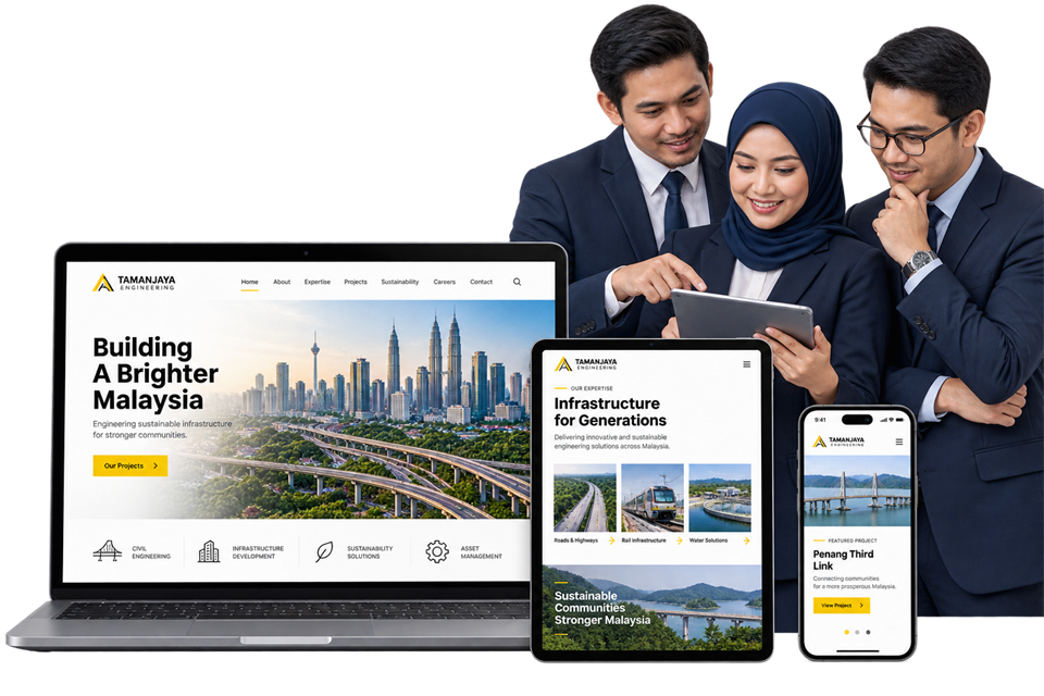 Illustrative corporate website across desktop, tablet and mobile with a business team reviewing it