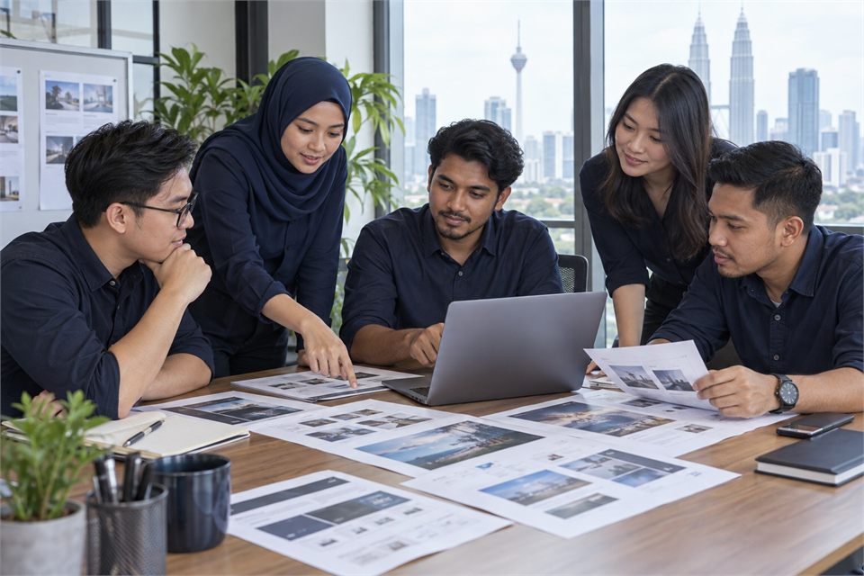 Illustrative website design and development team reviewing page layouts